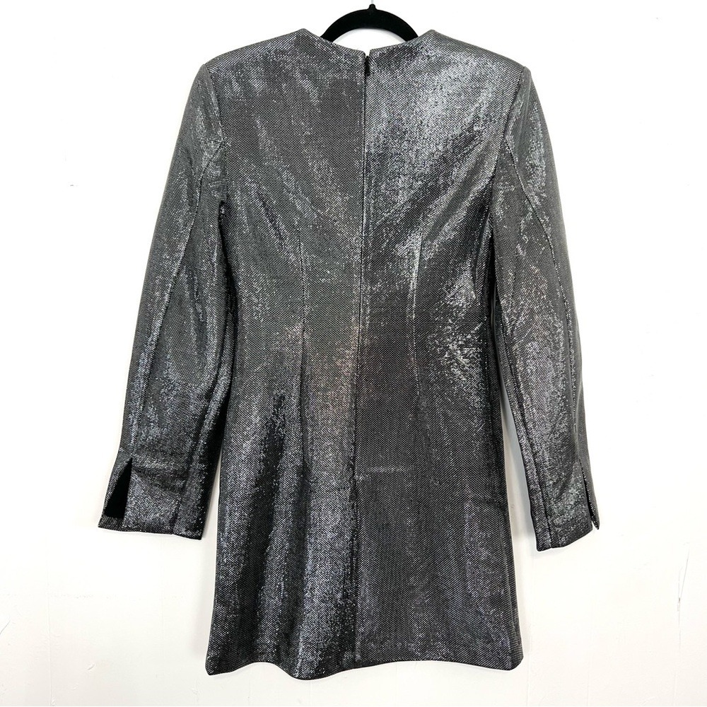 H&M Shiny Silver Metallic Textured Long Sleeve Shoulder Pads Mini Dress XS Party - Picture 6 of 6
